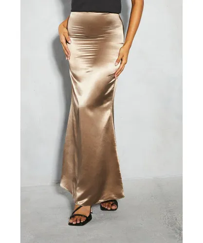 MissPap Womens Metallic Satin High Waisted Fishtail Maxi Skirt - Bronze