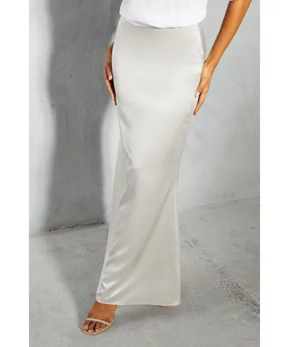 MissPap Womens Metallic Satin High Waisted Fishtail Maxi Skirt - Silver