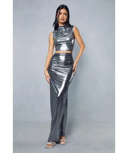 MissPap Womens Metallic Slinky Ruched Side Maxi Skirt - Silver