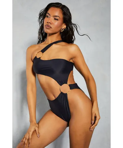 MissPap Womens One Shoulder Ring Detail Swimsuit - Black Polyamide