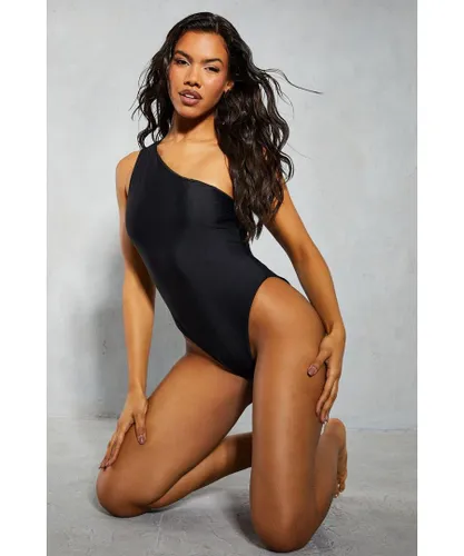 MissPap Womens One Shoulder Scoop Side Swimsuit - Black Polyamide
