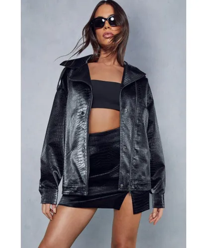 MissPap Womens Oversized Croc Leather Look Biker Jacket - Black