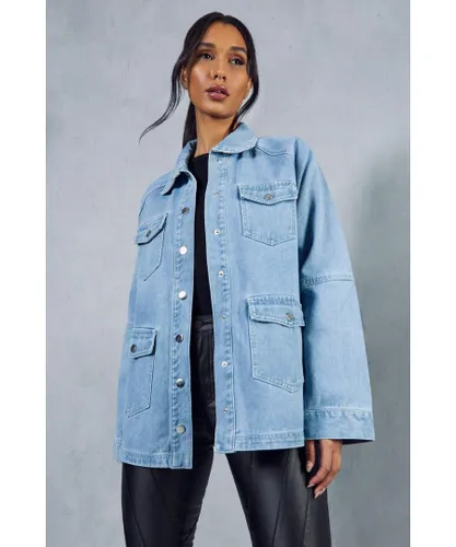 MissPap Womens Oversized Denim Utility Jacket - Blue Cotton