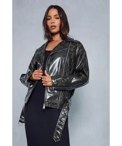 MissPap Womens Oversized Leather Look Snakeskin Biker Jacket - Khaki