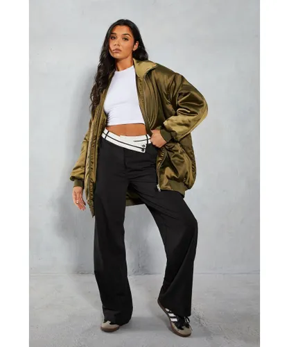 MissPap Womens Oversized Longline Premium Satin Bomber Jacket - Khaki