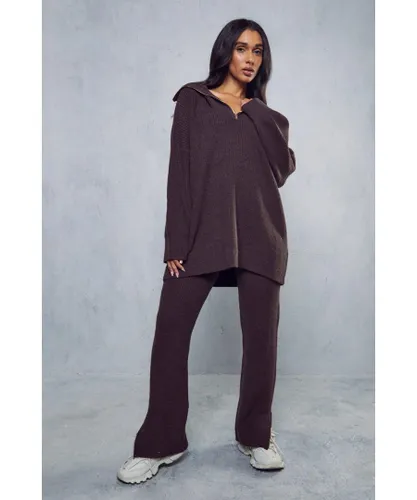 MissPap Womens Oversized Rib Knit Zip Up Co-ord - Chocolate