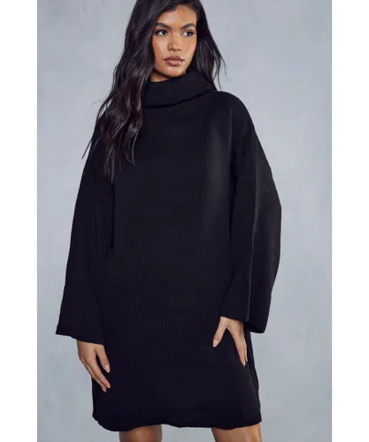 MissPap Womens Oversized Turtle Neck Knitted Dress - Black