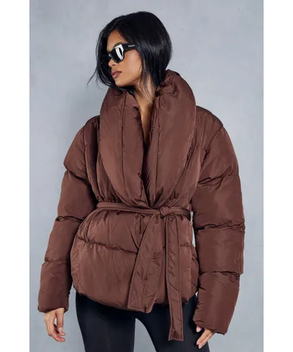 MissPap Womens Padded Collar Duvet Belted Puffer Coat - Chocolate