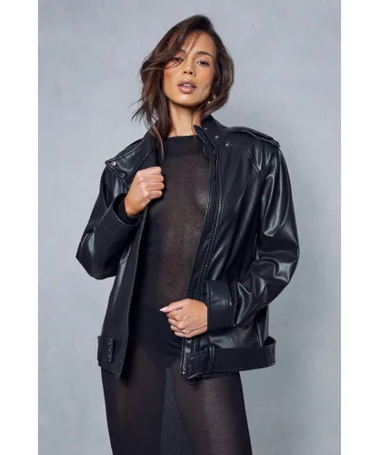 MissPap Womens Panelled Detail Leather Look Biker Jacket - Black