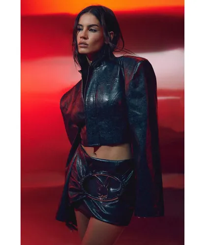 MissPap Womens Playboy Leather Look Boxy Oversized Cropped Jacket - Black