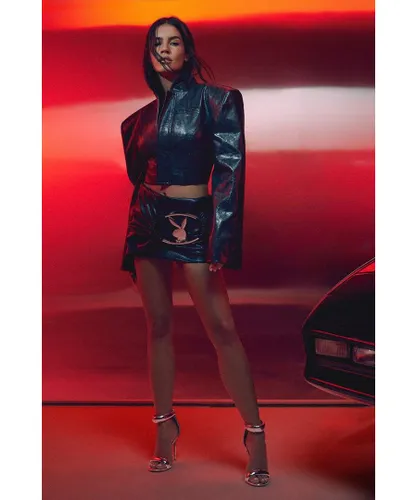 MissPap Womens Playboy Leather Look Oval Detail Mini Skirt - Black