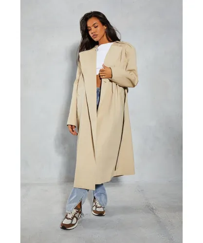 MissPap Womens Pleated Structured Shoulder Trench Coat - Stone Cotton