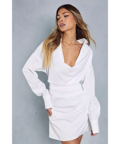 MissPap Womens Poplin Cowl Neck Ruched Waist Shirt Dress - White
