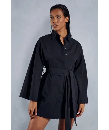 MissPap Womens Poplin Extreme Kimono Sleeve Belted Shirt Dress - Black Cotton
