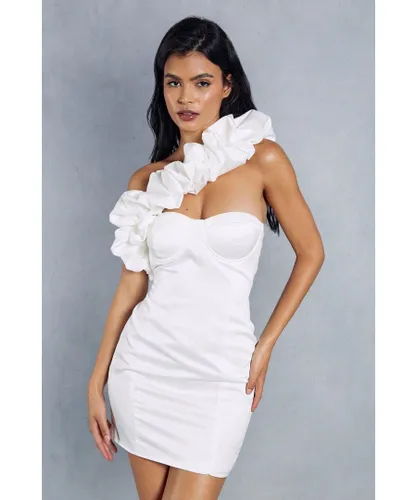 MissPap Womens Premium Asymmetric Frill Bodycon Mini Dress - Ivory