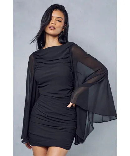MissPap Womens Premium Chiffon Draped Cowl Back Flare Sleeve Mini Dress - Black