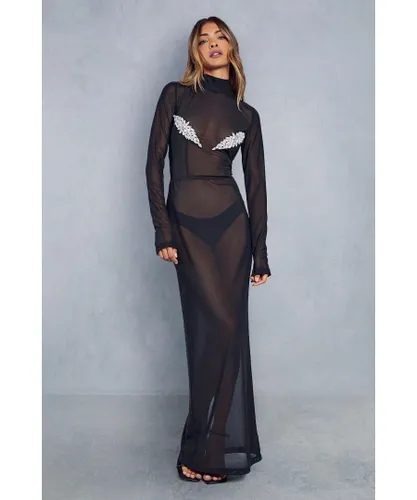 MissPap Womens Premium Diamante Trim Mesh High Neck Maxi Dress - Black