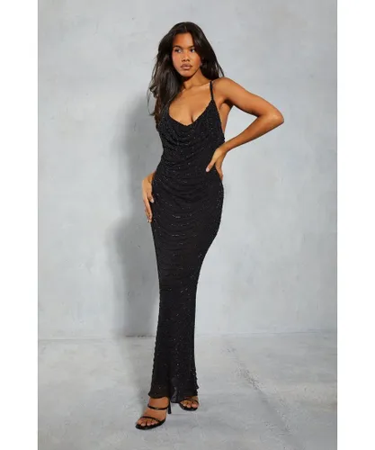 MissPap Womens Premium Embellished Draped Cowl Maxi Slip Dress - Black