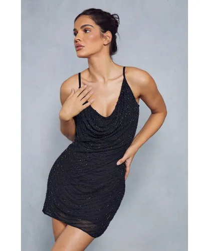 MissPap Womens Premium Embellished Draped Cowl Mini Slip Dress - Black