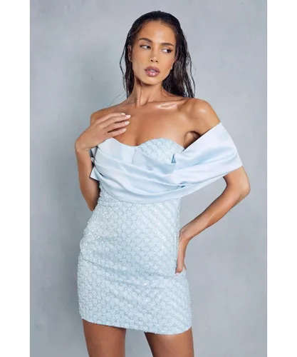 MissPap Womens Premium Embellished Off The Shoulder Bardot Mini Dress - Blue