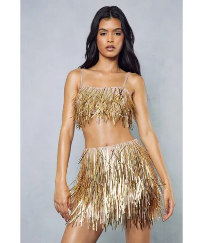MissPap Womens Premium Embellished Tassle Mini Skirt - Gold