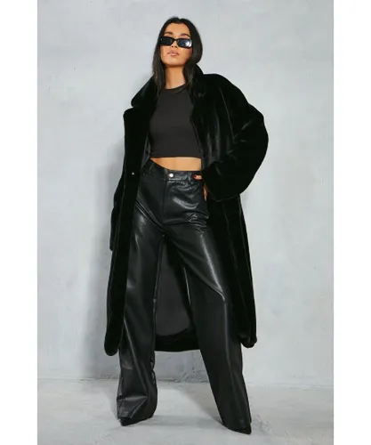 MissPap Womens Premium Faux Fur Belted Maxi Coat - Black