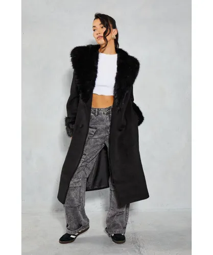 MissPap Womens Premium Faux Fur Collar Trim Wool Look Coat - Black