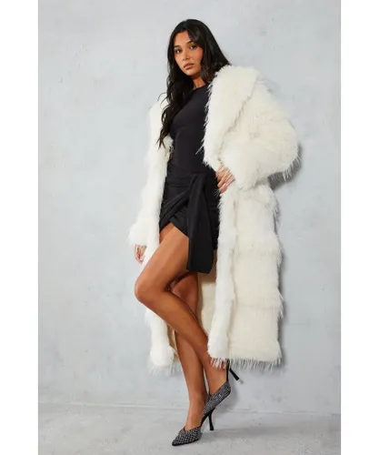 MissPap Womens Premium Faux Fur Panelled Maxi Coat - Cream