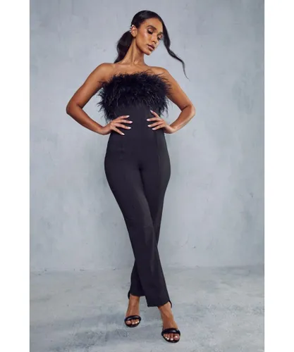 MissPap Womens Premium Feather Trim Tailored Jumpsuit - Black