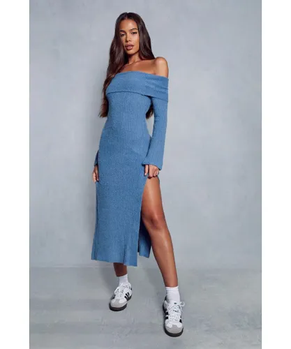 MissPap Womens Premium Fluffy Bardot Split Leg Maxi Dress - Navy