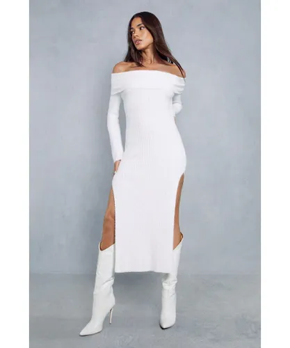 MissPap Womens Premium Fluffy Bardot Split Leg Maxi Dress - White