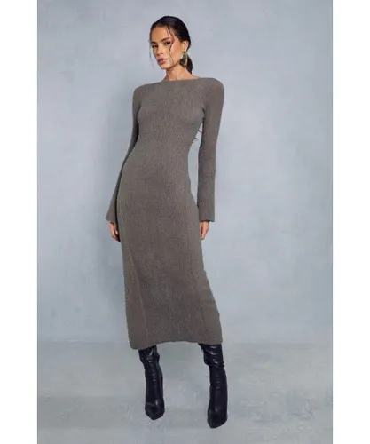 MissPap Womens Premium Fluffy Knitted Backless Split Detail Maxi Dress - Khaki Nylon