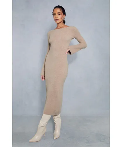 MissPap Womens Premium Fluffy Knitted Backless Split Detail Maxi Dress - Stone Nylon