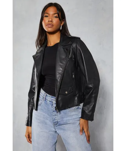 MissPap Womens Premium Leather Biker Jacket - Black