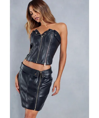 MissPap Womens Premium Leather Look Biker Mini Skirt - Black