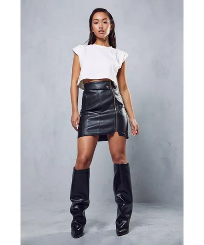 MissPap Womens Premium Leather Look Biker Mini Skirt - Black