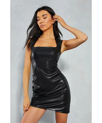 MissPap Womens Premium Leather Look Square Neck Ruched Mini Dress - Black
