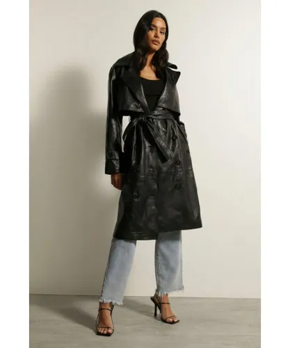 MissPap Womens Premium Leather Trench Coat - Black