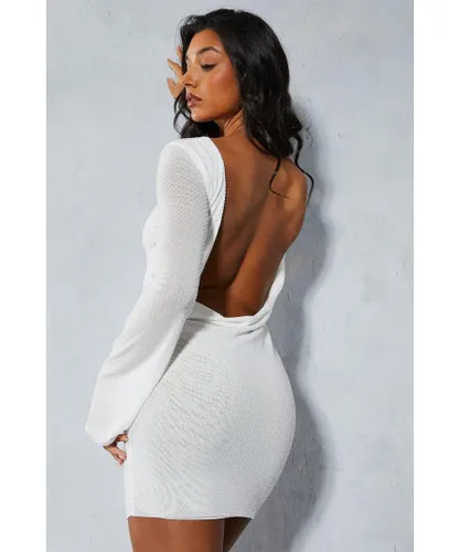 MissPap Womens Premium Liquid Diamante Cowl Back Long Sleeve Mini Dress - Ivory
