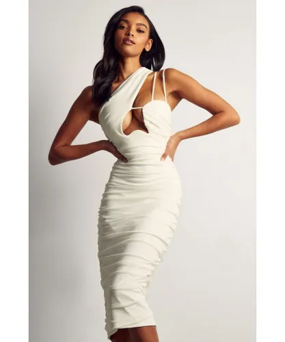 MissPap Womens Premium Mesh Asymmetric Strap Midi Dress - Cream