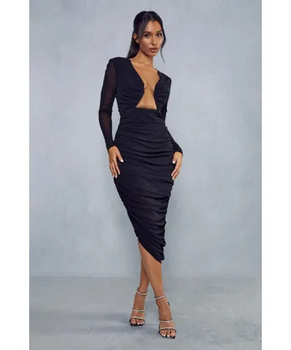 MissPap Womens Premium Mesh Boning Asymmetric Midi Dress - Black