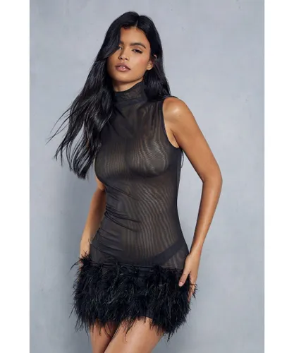 MissPap Womens Premium Mesh Feather Trim Bodycon Mini Dress - Black