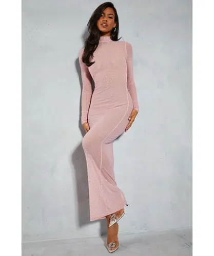 MissPap Womens Premium Mesh Hot Fix High Long Sleeve Maxi Dress - Pink Polyamide