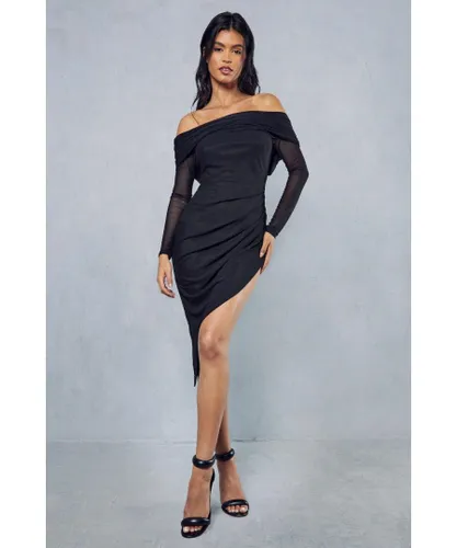 MissPap Womens Premium Mesh Ruched Bardot Sculpting Midi Dress - Black Polyamide