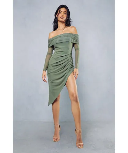 MissPap Womens Premium Mesh Ruched Bardot Sculpting Midi Dress - Olive Polyamide