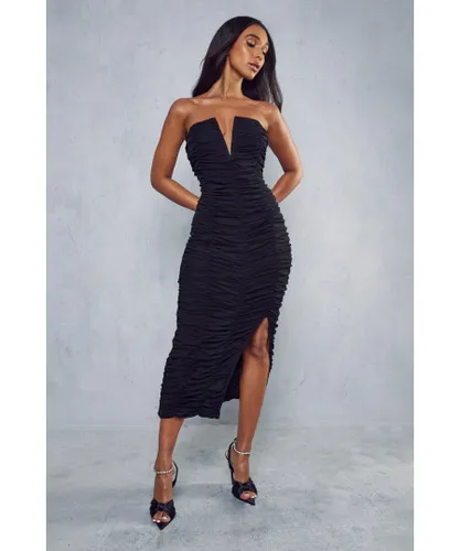 MissPap Womens Premium Mesh V Bar Ruched Midaxi Dress - Black