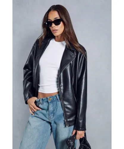 MissPap Womens Premium Oversized Leather Look Biker Jacket - Black