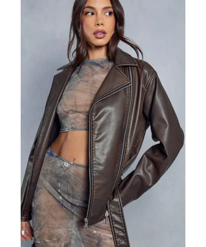 MissPap Womens Premium Oversized Leather Look Biker Jacket - Brown