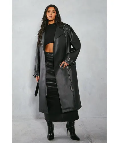 MissPap Womens Premium Oversized Leather Look Long Line Biker Jacket - Black
