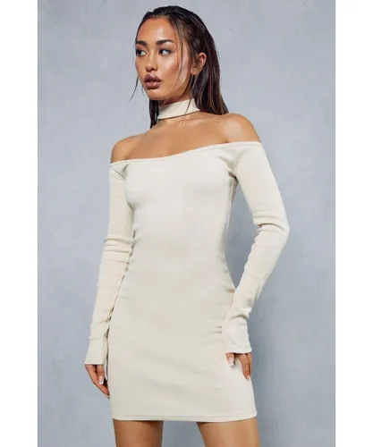 MissPap Womens Premium Ribbed Choker Neck Off Shoulder Mini Dress - Stone